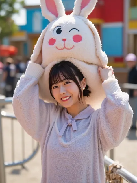  "A woman in a theme park finishing a performance is in the process of removing a rabbit costume. She is holding the head part of the costume with both hands, looking relieved and exhausted. The costume is large, fluffy, and cartoonish, with long ears and ...