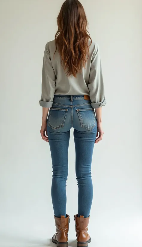 Full-length rear image of a woman, 165 cm tall, weighing 60 kg, wearing jeans, a shirt, and boots