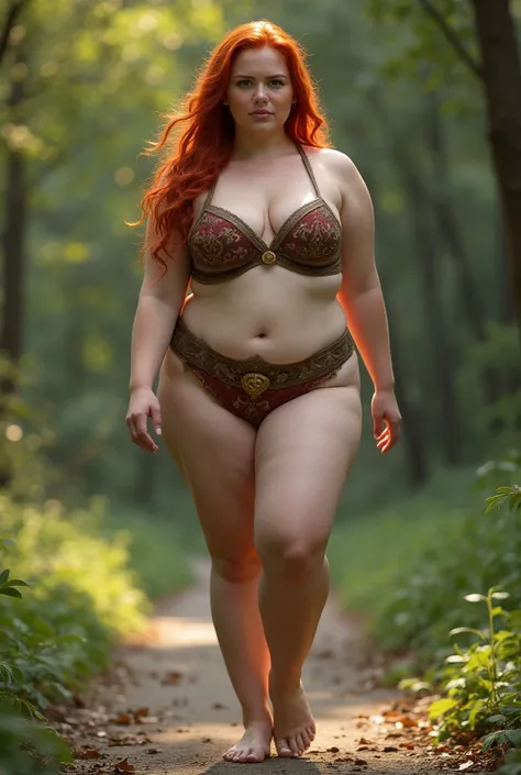 Photorealistic portrait Perfect thicc curvy hermosa chica Celta , redhead ,  pale skin,  porcelain skin ,  very beautiful,  curvaceous and voluptuous environment , perfect body , size 19 XGL ,  flat stomach , slightly overweight but shaped,  women's measur...