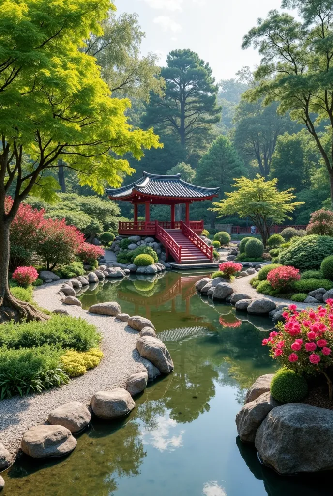 Japanese garden, small artificial lake, With red bridge, Stones adorning, central gazebo with oriental roof, Winding path with clear pebbles,  Bamboo, flowerbed on the left side with pink azalea shrub, flowerbed on the right side with camellia bush. people...