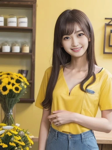 flower shop, inside store, yellow T-shirt, knee-length denim, red apron, making bouquet, from front, ((masterpiece)), ((best quality)), (ultra-detailed), ((beautiful eyes)), Japanese female, (slender:1.3), ((30 years old)), beautiful, (flat chest:1.5), (ch...