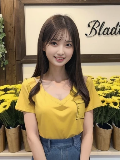 flower shop, inside store, yellow T-shirt, knee-length denim, red apron, making bouquet, from front, ((masterpiece)), ((best quality)), (ultra-detailed), ((beautiful eyes)), Japanese female, (slender:1.3), ((30 years old)), beautiful, (flat chest:1.5), (ch...