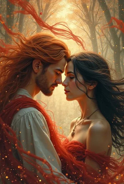 Symphony of two souls: man with red long hair and woman with black hair who meet dancers under a beautiful Bethoven melody, Under the beautiful ribbon of the red thread of destiny.

