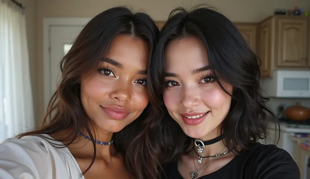 two females together, hyperrealistic, theyre taking a selfie with a selfiestick, first one: she is a latina girl. she looks like she is . Naturally sun-kissed, a bit of brown skin. her eyes are dark brown. she has a youthful, delicate face with a smooth, w...