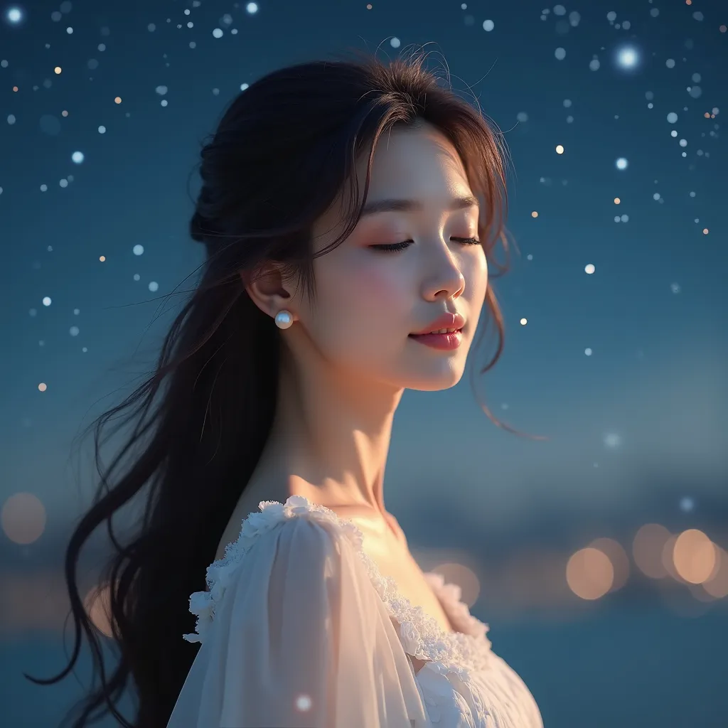 ((a beautiful young Japanese woman 1.8)),Japanese, eyes closed, gentle smile, ((brown long hair 2.0)),Brown hair, wearing large pearl earrings, long eyelashes, glossy full lips, looking down diagonally with a soft expression, wearing a white dress made of ...