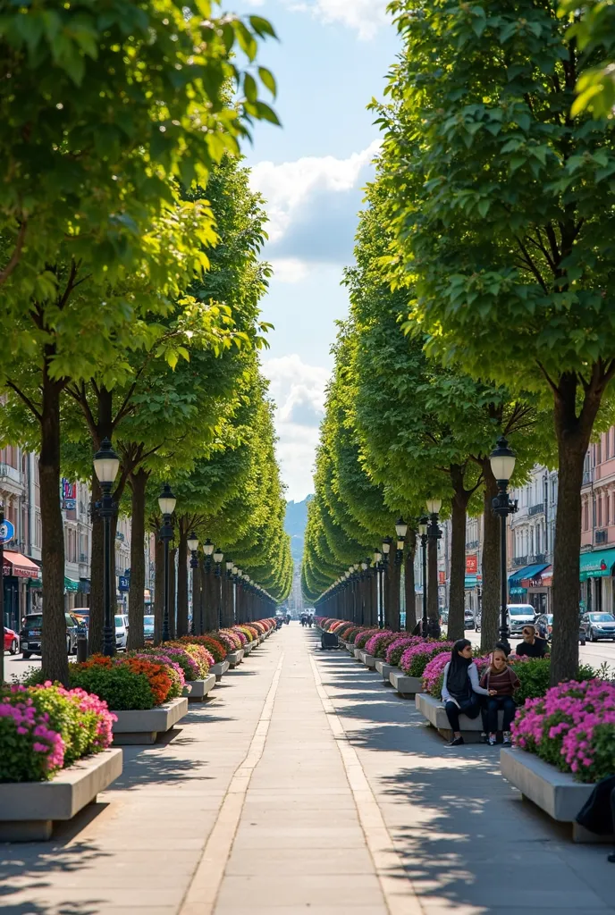 Boulevard with rows of trees, flower beds, wide sidewalk with benches. people at the site. In the background street with the movement of cars
 masterpiece,   Ultra HD,  dutch angle ,  Super-realism,  bright light, 