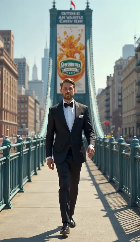 A man in a tuxedo walks across a bridge advertising savendates drink.