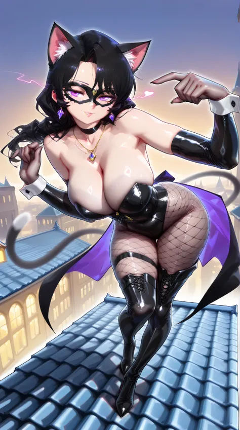 1 mature beautiful cat beast woman: 1.3, a fusion of a cat beast and a seductive female phantom thief, (sexy shiny black latex female phantom thief outfit: 1.3, cat ears, wearing a black Venetian mask on her face: 1.3, body stocking, tuxedo, long gloves, l...