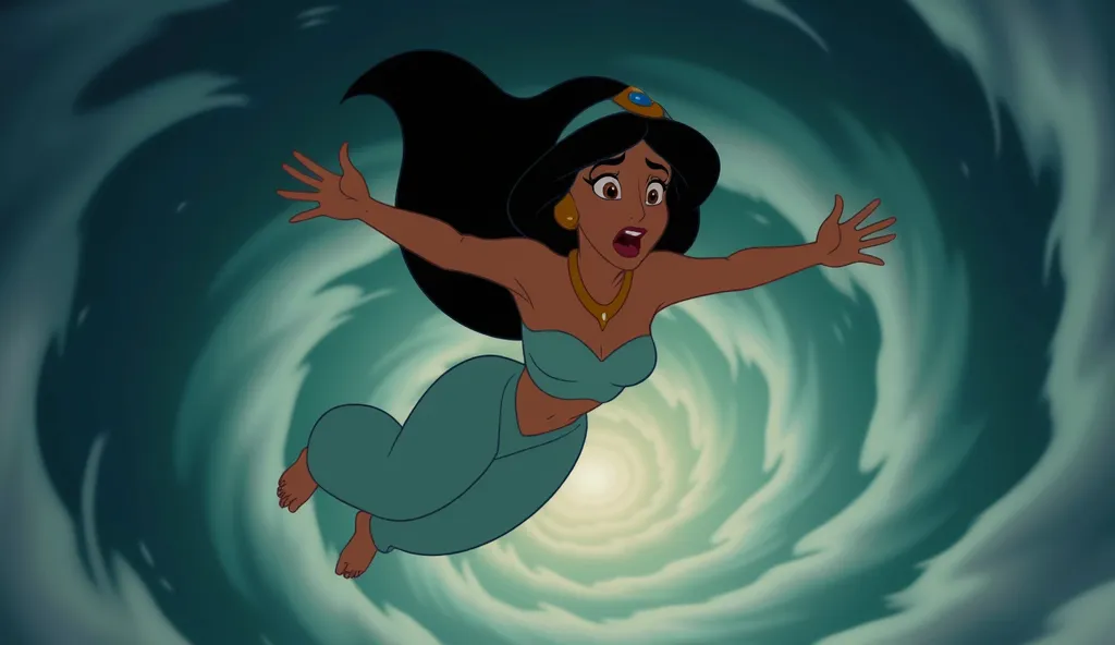 A whirlwind hurricane lifts Princess Jasmine high into the sky. The frightened Princess Jasmine assumes the pose of a skydiver, with her arms outstretched and her legs tucked under her, in the arms of the wind. The hurricane vortex continues to lift Prince...