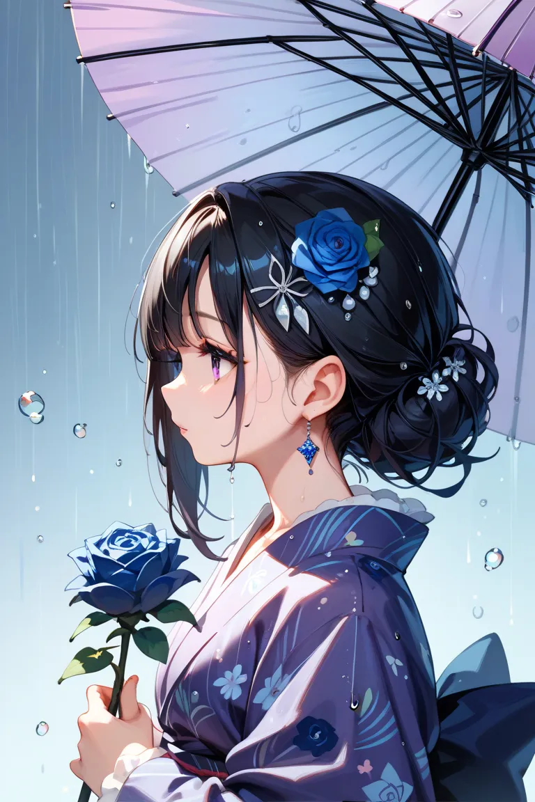 masterpiece,TOP QUALITY,Super Detail,8k, girls on the left,profile　 purple eyes　 Black Hair Half Up　 fluffy　Downcast eyes　Large hair ornament　blue rose pattern kimono　Holding a purple umbrella　Hydrangea　It's raining　cute　Water Drop　