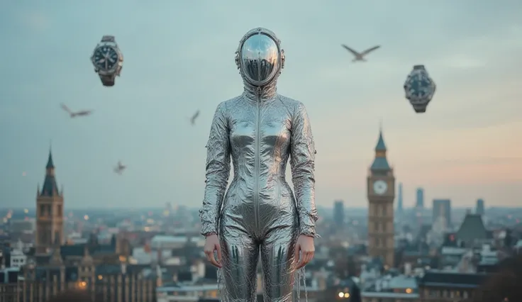 A female figure suspended in the air, with a metallic suit that reflects the lights of a dystopian landscape. The muse's face is covered by a mirror, and her gaze is lost in an infinite horizon of art in constant transformation.  In the background, the lan...