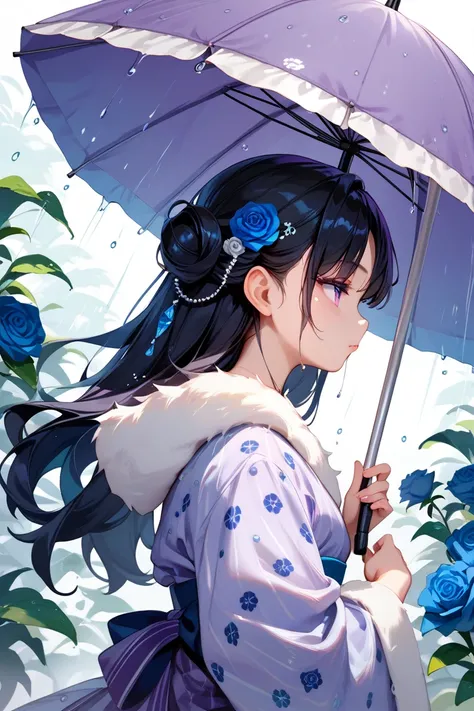 masterpiece,TOP QUALITY,Super Detail,8k, girls on the left,profile　 purple eyes　 Black Hair Half Up　 fluffy　Downcast eyes　Large hair ornament　blue rose pattern kimono　Holding a purple umbrella　hydrangea background　with a purple umbrella it's raining　cute　W...