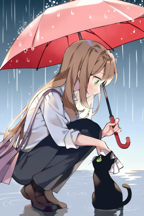 1girl\(light brown long hair, asymmetrical hair, green eyes, office worker's outfit, ivory pants, carrying a light purple tote bag on her shoulder, holding a red umbrella in the heavy rain, crouching and looking down a black cat\), she offers the cat a whi...