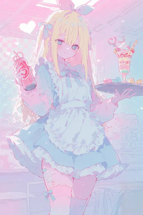 illustration, best quality, dramatic lighting, 00118_illu
,r17329_illu, xxx667_illu,15546+456868,masterpiece, best quality, 8k, highres, ultra-detailed,HDR, UHD, best quality,
,1girl, long blonde hair, blue eyes, hair bow, cute maid outfit, frilly dress, a...