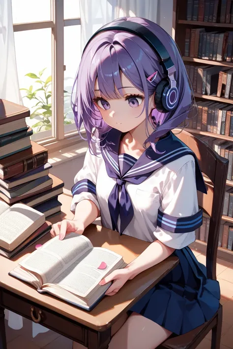 masterpiece,TOP QUALITY,Super Detail,8k, girls on the left, purple eyes　Purple hair medium long　 fluffy　 sailor suit　sitting on a chair reading a book　 headphones　piled up books on the desk　Bookshelf　 white curtains swaying 　 petals　