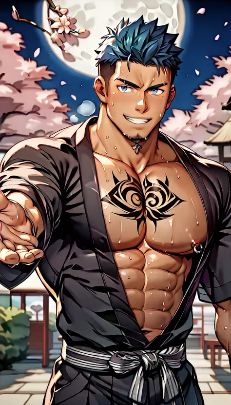 TOP QUALITY、masterpiece、 manly、 Perfect Eyes、Age 30、Blue Hair、smile、 muscularな男性、 muscular、crew cut、(sweat:1.5)、perspired、(steam:1.2)、nipple piercing、tattoo on chest、(Wearing a black yukata、night、 full moon、cherry blossoms、wide view、outstretched one arm, o...