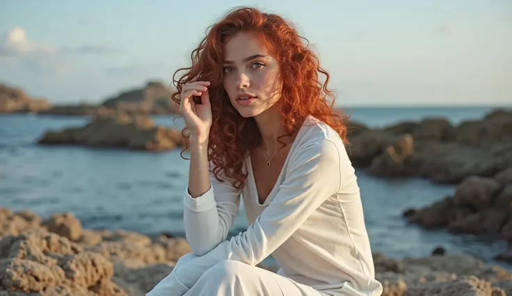 (photorealism:1.2),"A woman with curly red hair sits on a rocky surface near the ocean, looking directly at the camera with a calm and relaxed expression. She wears a white long-sleeve top, and her hand is gently placed on her head, playing with her hair. ...