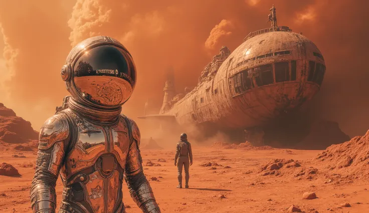 A lone astronaut stands on the surface of Mars, their mirror-like helmet reflecting the vast, barren landscape of the planet, with towering red dust storms swirling in the distance. The helmet distorts the horizon into an almost unreal image, as if the pla...