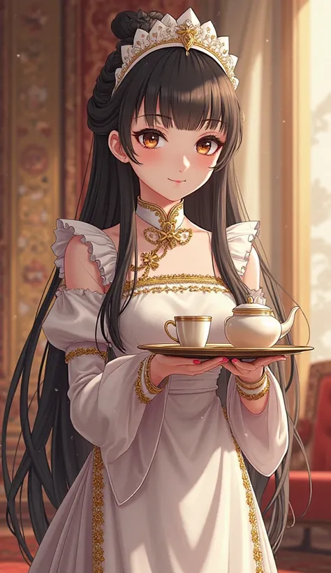 Prompt:
"An anime-style illustration of a young royal maid named Puput. She has long black hair tied back, large brown eyes, and a petite frame (150 cm tall). She wears an elegant royal maid outfit with intricate details. Puput is gracefully serving tea, h...