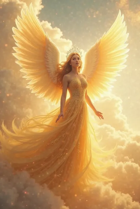 Covet fashion
Woman with angel wings, golden angel outfit, a white crown, clouds