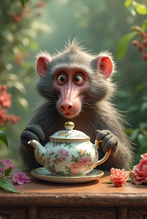 A baboon drinking a teapot