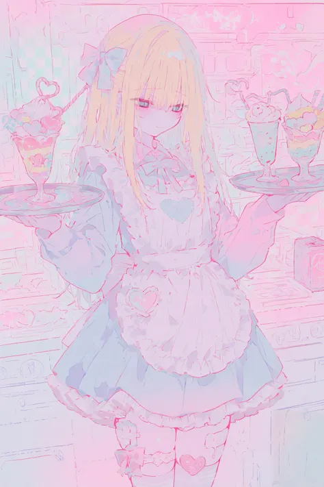 illustration, best quality, dramatic lighting, 00118_illu
,r17329_illu, xxx667_illu,15546+456868,masterpiece, best quality, 8k, highres, ultra-detailed,HDR, UHD, best quality,
,1girl, long blonde hair, blue eyes, hair bow, cute maid outfit, frilly dress, a...