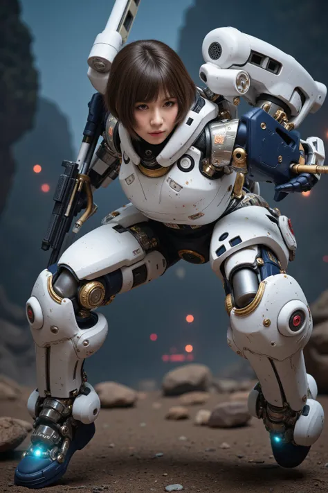 A beautiful-faced female soldier wearing heavily armed mechanical armor inspired by Katoki-Hajime's intricate sculpted design. The armor features piston-driven hydraulic limbs, exposed cylinders, and hyper-detailed machinery (gears, pipes, joint connectors...