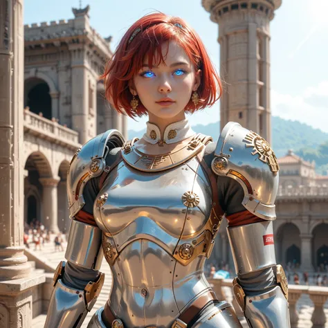  Robotic Female Roman Legionnaire, Short Red Hair, Iridescent White Glowing Eyes, Tanned Skin, wearing Dark Red Futuristic Roman Armor with Gold Accents, Grasping a Steel Gladius in her right hand, standing in front of the the Ancient Coliseum in Italy, Da...