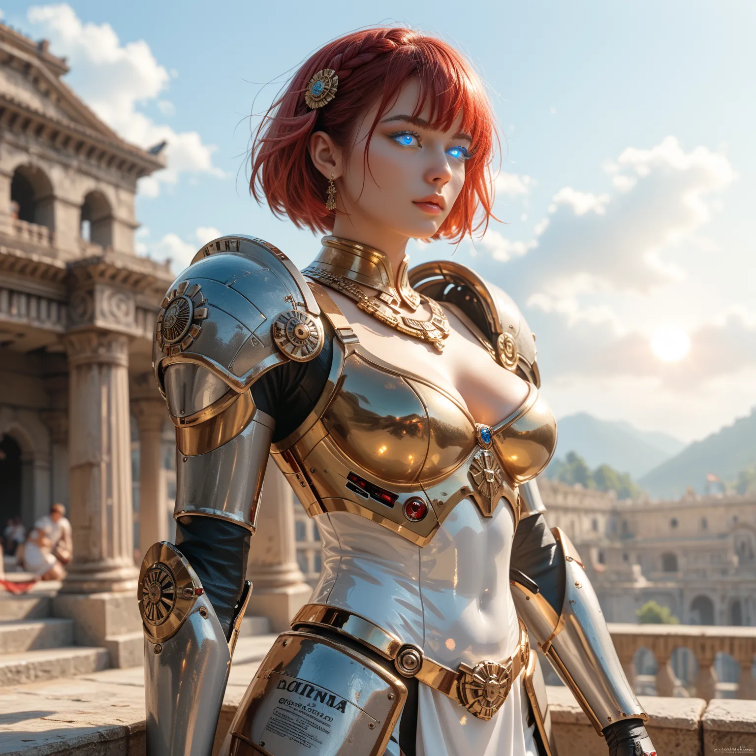  Robotic Female Roman Legionnaire, Short Red Hair, Iridescent White Glowing Eyes, Tanned Skin, wearing Dark Red Futuristic Roman Armor with Gold Accents, Grasping a Steel Gladius in her right hand, standing in front of the the Ancient Coliseum in Italy, Da...