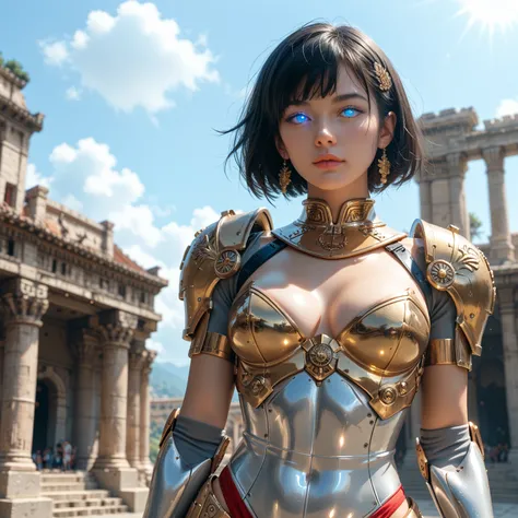 Robotic Female Roman Legionnaire, Short Black Hair, Iridescent White Glowing Eyes, Tanned Skin, wearing Dark Red Futuristic Roman Armor with Gold Accents, Grasping a Steel Gladius in her right hand, standing in front of the the Ancient Coliseum in Italy, D...