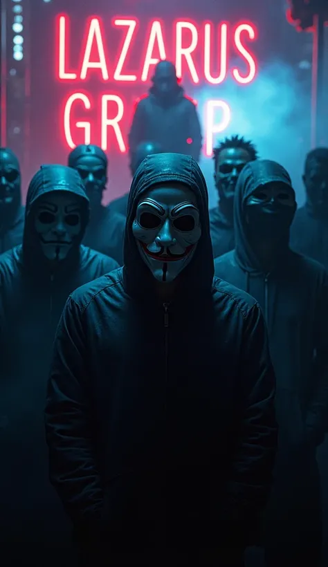 Group of men wearing full face mask joker in background Written "Lazarus Group" Glowing Neon Effect, 8k Resolution Photo 