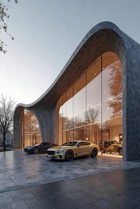 I am designing a building for a Bentley car showroom, aiming to provide a unique architectural experience that reflects the essence of the brand, where the design is embodied in dynamic streamlined lines, details inspired by luxury car designs, with a focu...