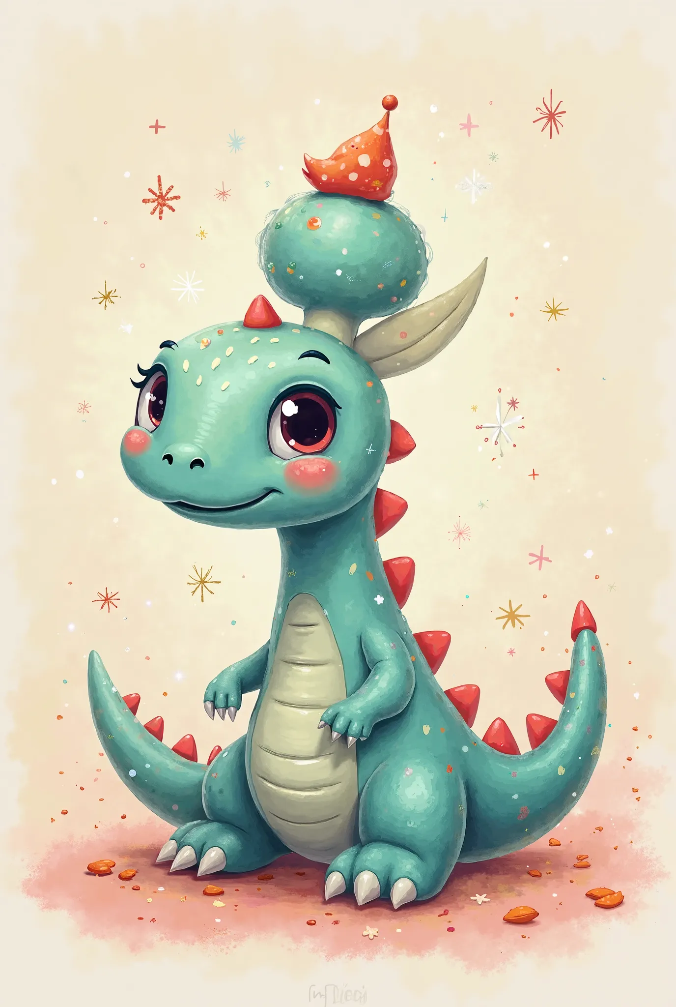 cute cartoon dinosaur blended with the big letter 'I', bright  color kawaii style, playful and cheerful expression, surrounded by magical sparkles, soft pastel background, digital illustration