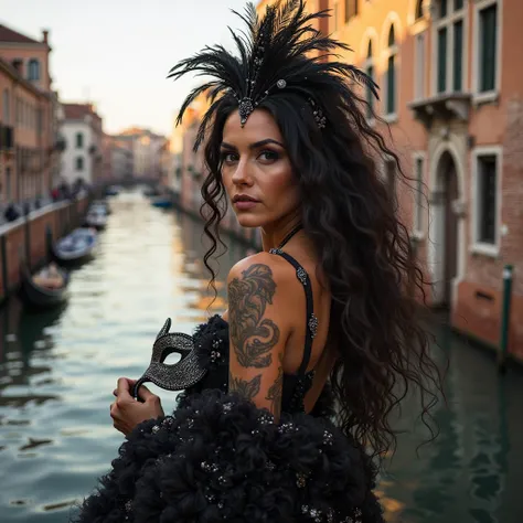 dynamic photo,Show a pretty woman Adrianalima long dark curly hair and tattooed skin, is preparing for the Venice carnival with black and silver accessories and feathers, And she is wearing a black and silver dress and the mask in her hand,the background s...