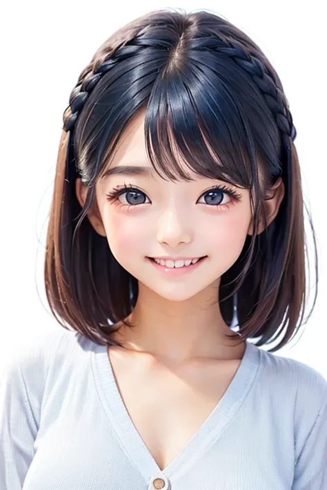 one girl、smile、20th Generation、 Japanese、(((Blue hair color)))、(standing figure with the whole body)、(Braided hairstyle)、( Brown Eyes)、(( white background))、 Clear Skin、((white shirt))、(( standing picture)), Ultra Fine, 