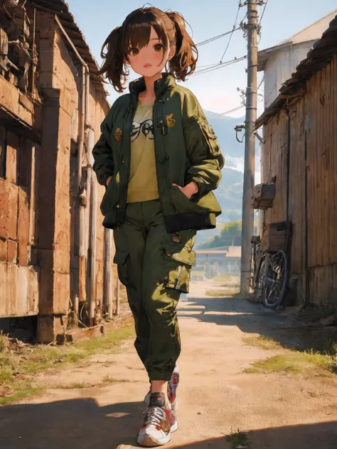 Photorealistic，Ultra High Precision，TOP QUALITY，TOP QUALITY，8k，RAW photo，very detailed， Ultra High Definition ，( very cute girl)，whole body，1 person，sneakers, cargo pants , oversized jacket