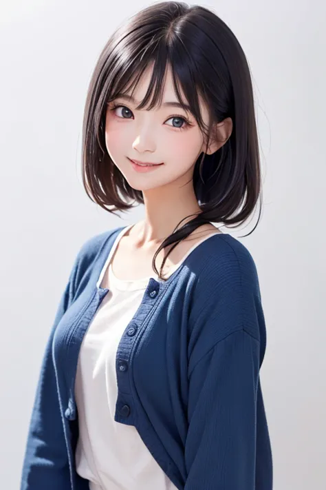 one girl、smile、20th Generation、 Japanese、(((Blue hair color)))、(standing figure with the whole body)、(Braided hairstyle)、( Brown Eyes)、(( white background))、 Clear Skin、((white shirt))、(( standing picture)), Ultra Fine, 