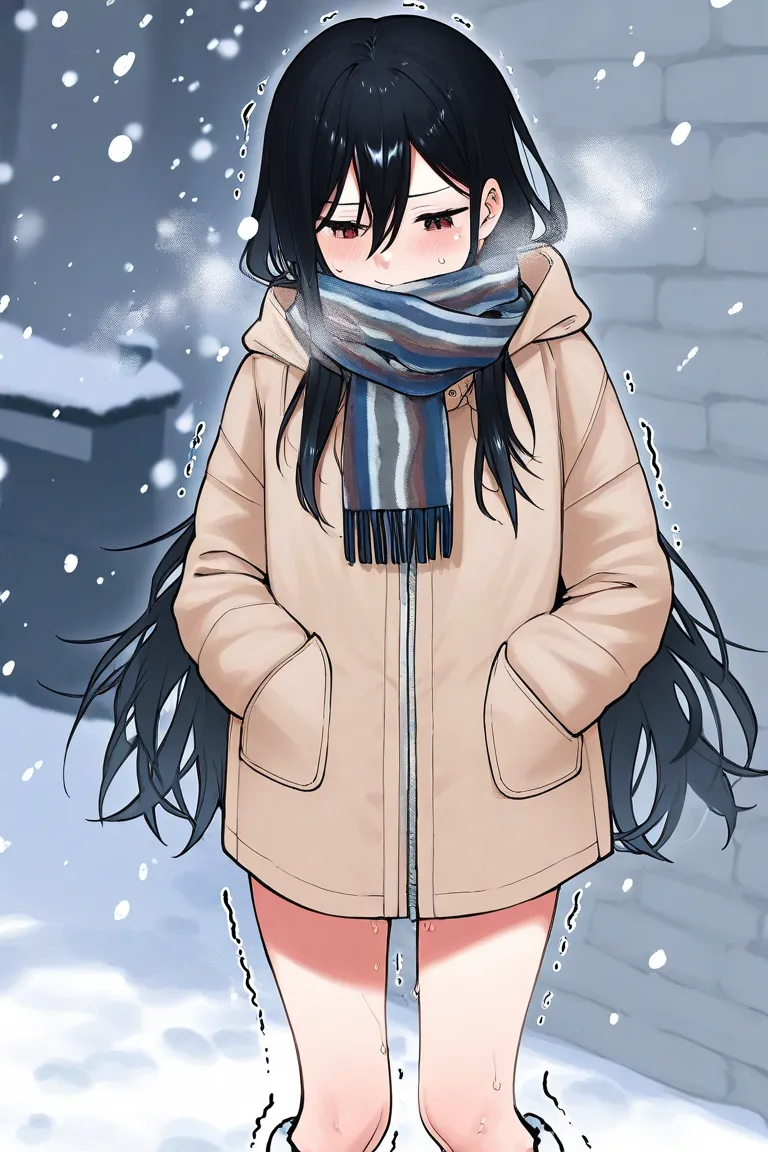  Woman Shivering in the Cold in the Snow、One hand is on the muffler、Trembling Knees、naked、Sounds anxious、Be wary of your surroundings 、The muffler is on the mouth、Stronger 、 look down、high detailed colored manga stlye、 are getting cold、髪型は straight ヘア、long...