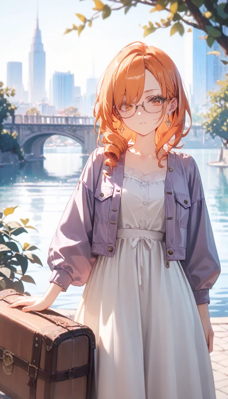 1 girl, Alone, Go to the river, orange hair,   drill hair ,  wearing glasses on his head , Orange Eyes,   jewelry, bow,  white dress,  purple jacket on a tree trunk, during, earrings,  above Decorati has , is standing, place your hands on your hips, viewer...