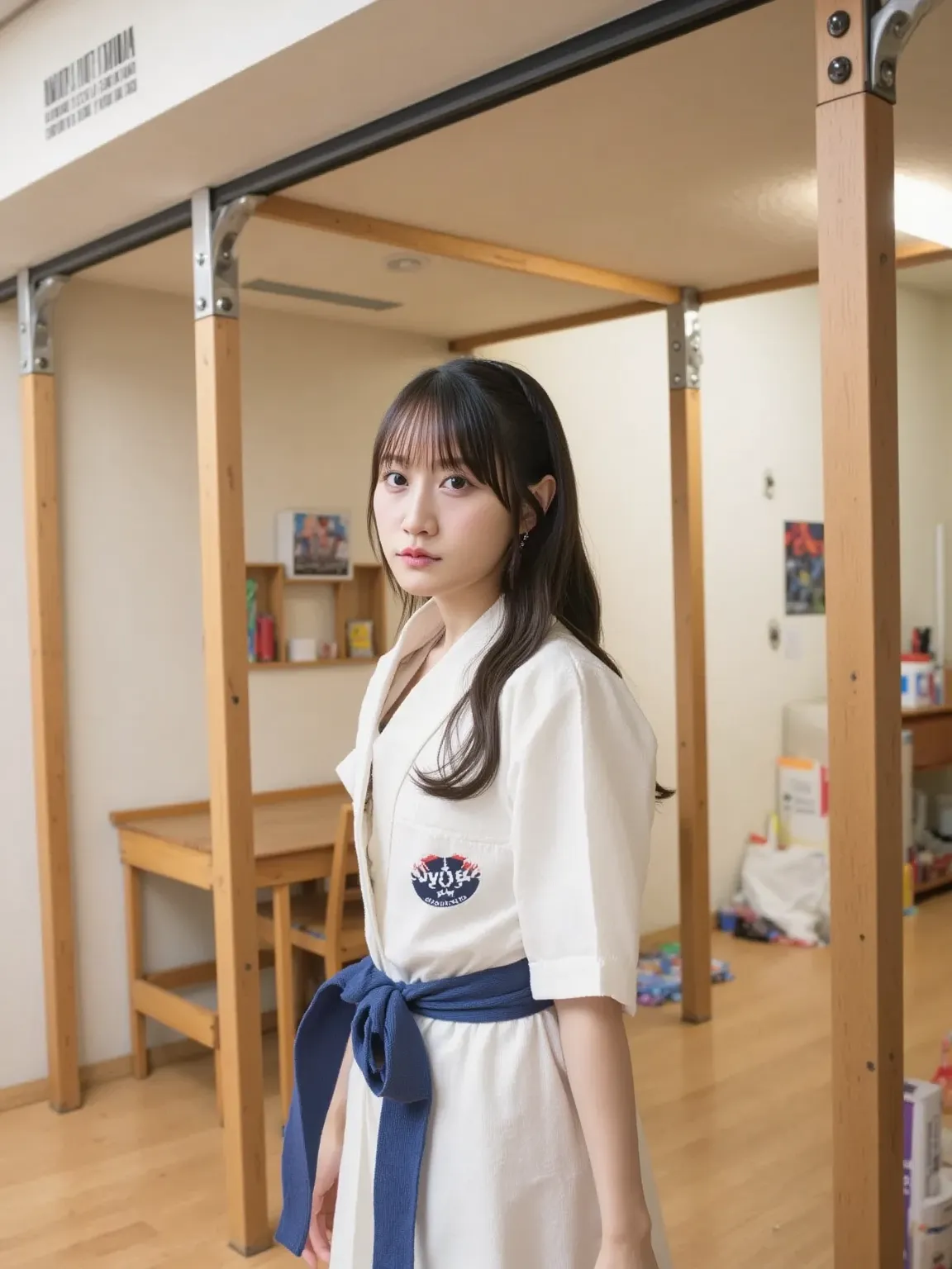 "An image of a cute Japanese woman standing in a traditional judo dojo. She is wearing a crisp white judo gi with a blue belt, her hair neatly tied in a ponytail. The dojo is well-lit with wooden floors and sliding paper doors in the background. The woman ...