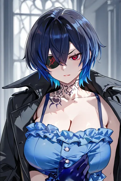  a girl with large breasts ,  blue hair, multicolored hair, short hair, blue blouse, black coat, red eyes, Black eye patch ,  sexy expression, blue glove, neck tattoo with symbols