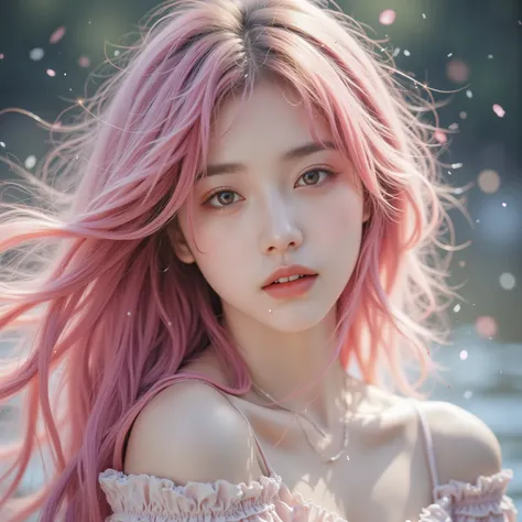 A pink-haired sister,Long hair with big waves, Ultra HD picture quality ,Realism,nature, upper body close-up,Beautiful face, Korean girl group ,Light makeup