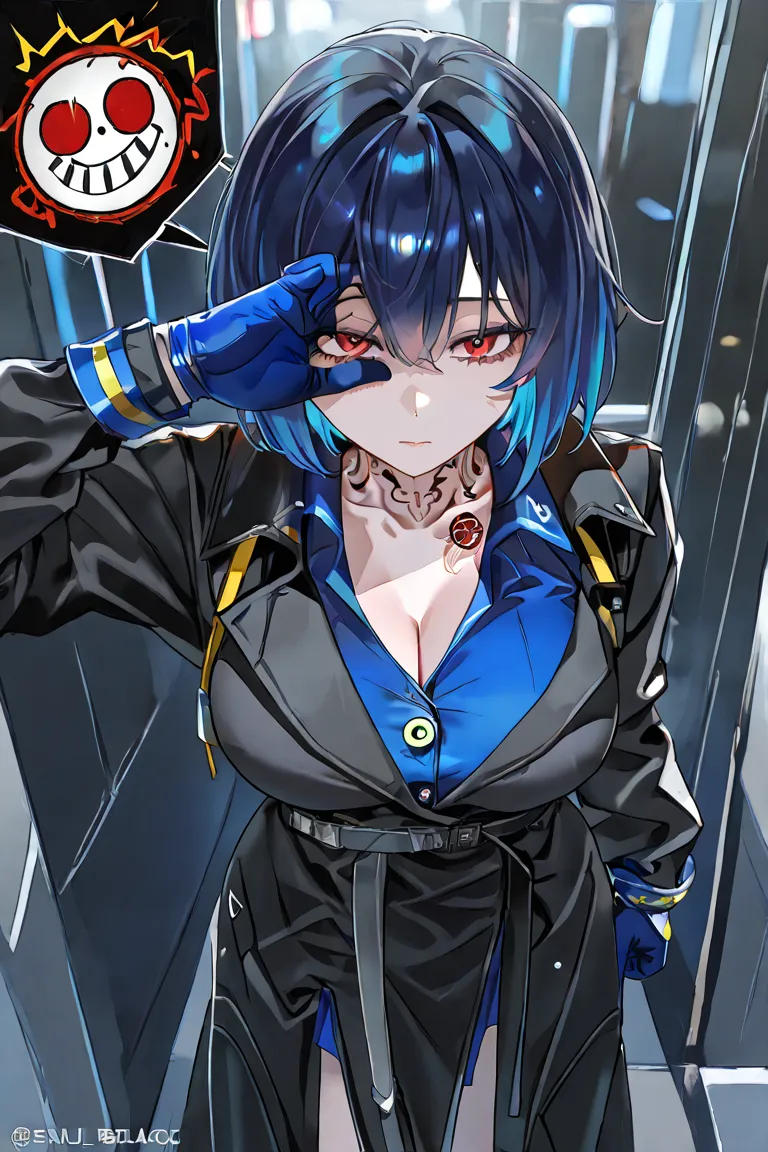  a girl with large breasts ,  blue hair, multicolored hair, short hair, blue blouse, black coat, red eyes, Slap Black Eye, smiley expression, blue glove, neck tattoo with symbols, Hand in the eyes, standing