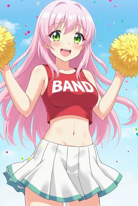 The image depicts an animated character with long, flowing pink hair and green eyes. She is wearing a red cropped top with the word "BAND" written on it in white letters, paired with a white pleated skirt that has teal trim. The character is holding yellow...