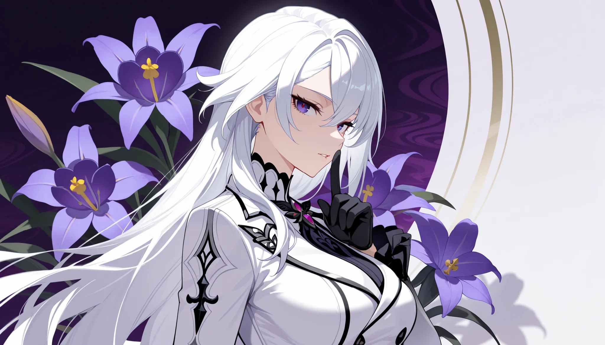 masterpiece, best quality, absurdres, 1girl, solo, long_hair, (white_hair:1.2), (purple_eyes:1.0), large_breasts, white_suit, double_breasted, fleur-de-lis, tall, mature_female, black_gloves, looking_at_viewer, tsurime, purple_brooch, from_side, shushing, ...