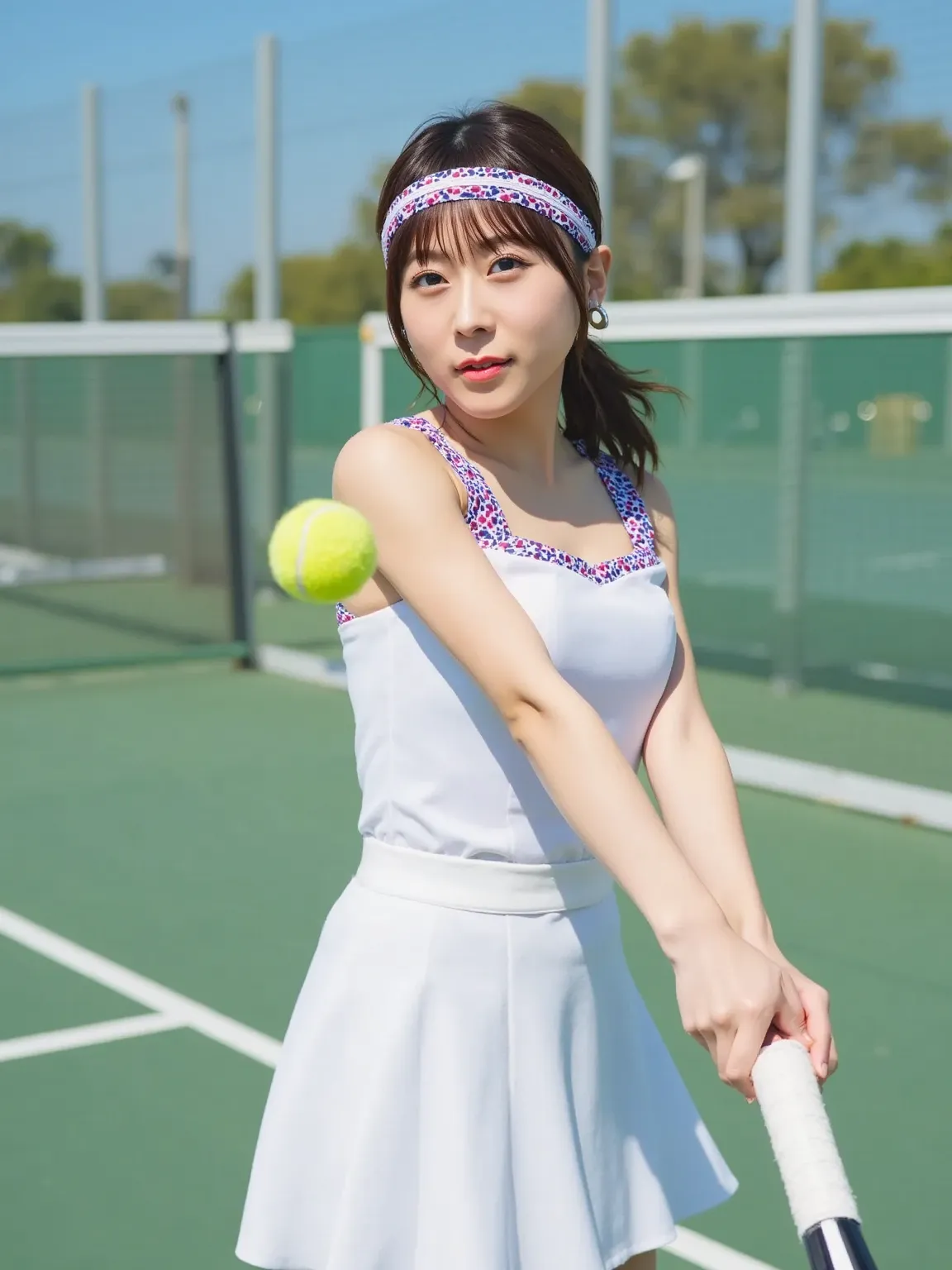 A cute Japanese woman standing on a tennis court, holding a tennis racket. She is captured in the moment of hitting a tennis ball with her racket. The scene shows the dynamic action of the ball mid-air, with her focused expression. She wears a stylish tenn...