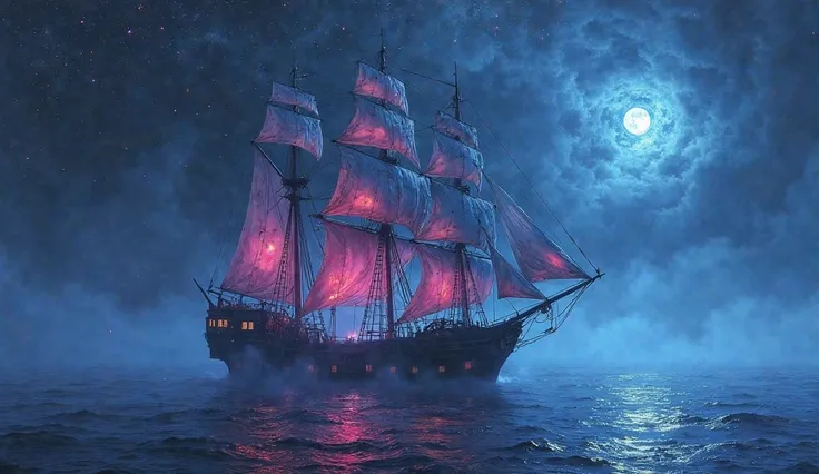 A hauntingly captivating ghost ship, crafted from opaque translucent black obsidian glass, glides through a radiant misty ocean under a starry night sky. The ship's towering masts bear tattered sails that flutter in the ethereal breeze. This scene is descr...