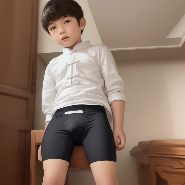 A Chinese boy aged 10 wears a pair of underpants in one crotch., as real