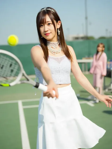 A cute Japanese woman standing on a tennis court, holding a tennis racket. She is captured in the moment of hitting a tennis ball with her racket. The scene shows the dynamic action of the ball mid-air, with her focused expression. She wears a stylish tenn...