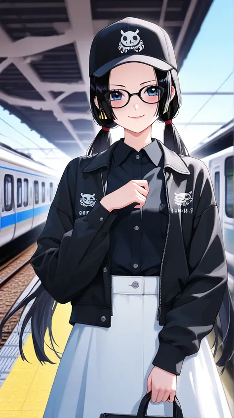 1 girl, solo, Boa hancock , black hair, low twintails, long hair, hat, baseball cap, black headwear, glasses, black-framed eyewear, blue eyes, blush, smile, jacket, black jacket, shirt, collared shirt, black shirt, long sleeves, skirt, white skirt, print m...